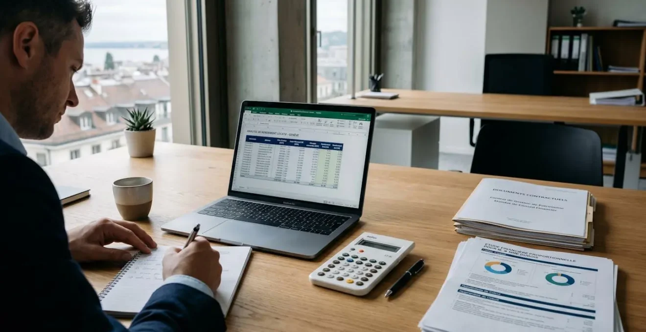 Bureau de conseiller patrimonial avec documents de calcul de rentabilité immobilière et tableur financier sur écran