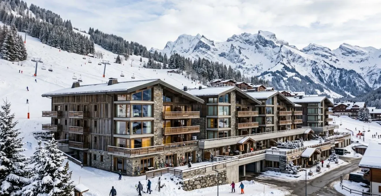Complexe moderne de résidences avec services en pied de pistes à Châtel, architecture alpine contemporaine avec balcons et grandes baies vitrées