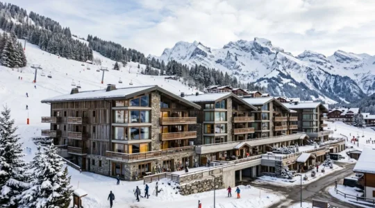 Complexe moderne de résidences avec services en pied de pistes à Châtel, architecture alpine contemporaine avec balcons et grandes baies vitrées