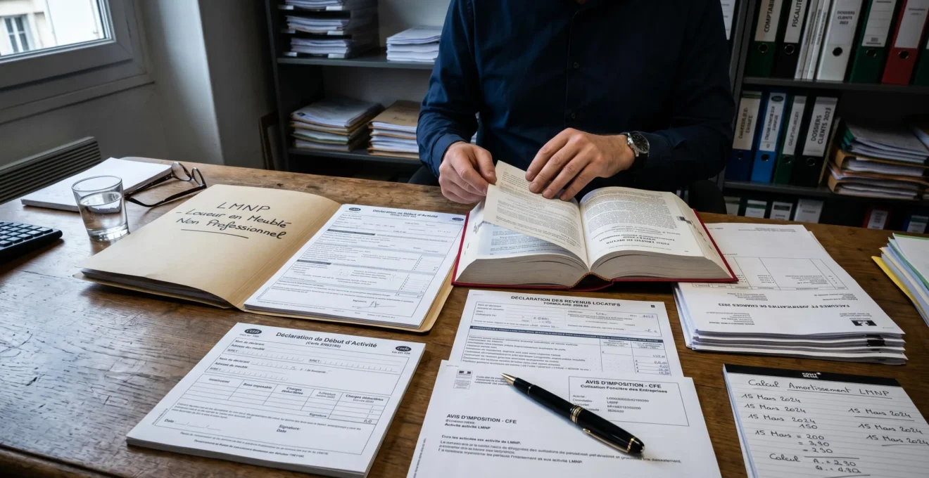 Documents de déclaration fiscale LMNP et formulaires administratifs français sur bureau d'expert-comptable