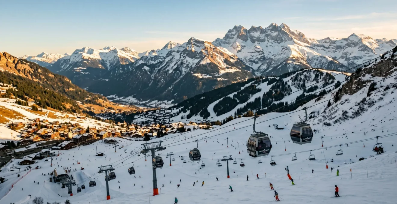 Vue panoramique du domaine skiable des Portes du Soleil depuis Châtel avec télécabines et pistes de ski
